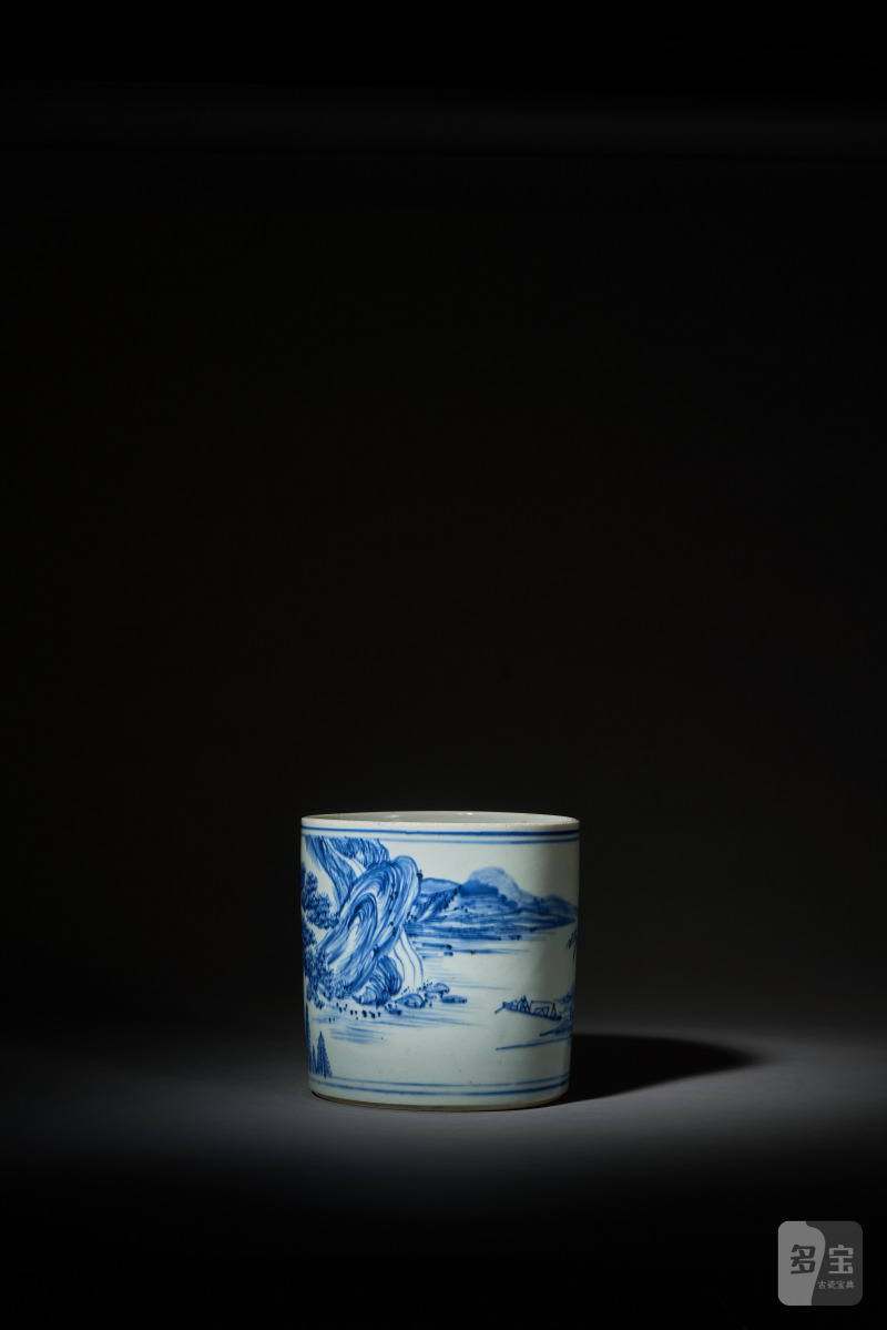 清康熙 青花山水松阁图笔筒 - 图4